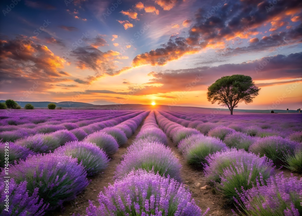 Fototapeta premium Lavender field at sunset with a lone tree and dramatic sky