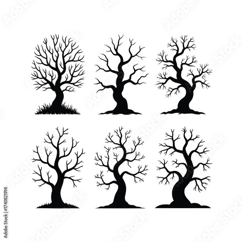 Silhouettes of six spooky bare trees on a white background