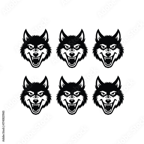 Six fierce wolf heads with open mouths and sharp teeth