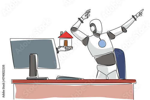 Single one line drawing hand of robot out of monitor screen while holding a miniature house. Design the dream home with AI technology. Things from Screen. Continuous line design graphic illustration