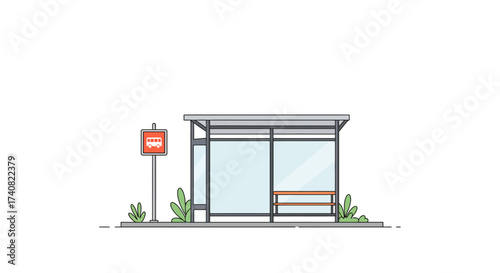 Minimalist Bus Stop Illustration with Sign and Bench.