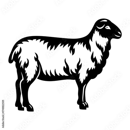 Black and White Silhouette Illustration of a Domesticated Sheep Standing Side View