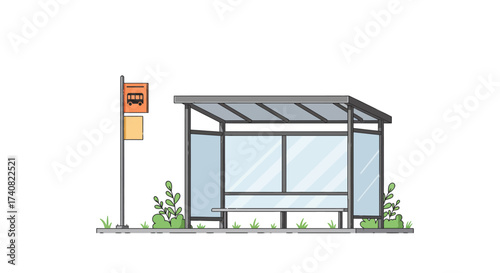 Illustrated Bus Stop with Sign and Seating Area.