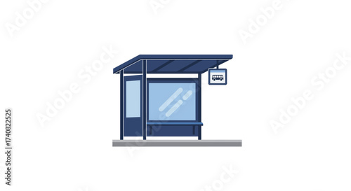 Blue Bus Stop Shelter with Sign and Bench.