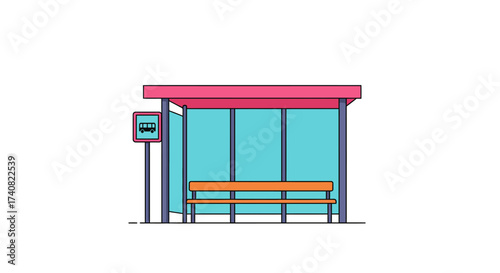 Colorful Cartoon Bus Stop with Bench and Sign.