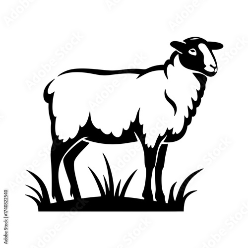 Monochrome illustration of a sheep standing on grass, isolated on white background
