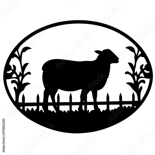 Silhouette of a sheep standing behind a fence in a farm scene