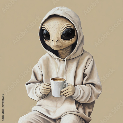 Alien in hoodie holding a cup of coffee