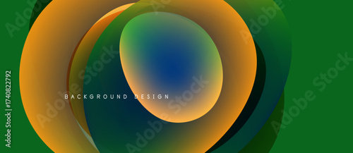 Abstract layers overlap, creating vibrant circular design. Colors blendorange, green, blueforming dynamic visual effect. Text reads background design.