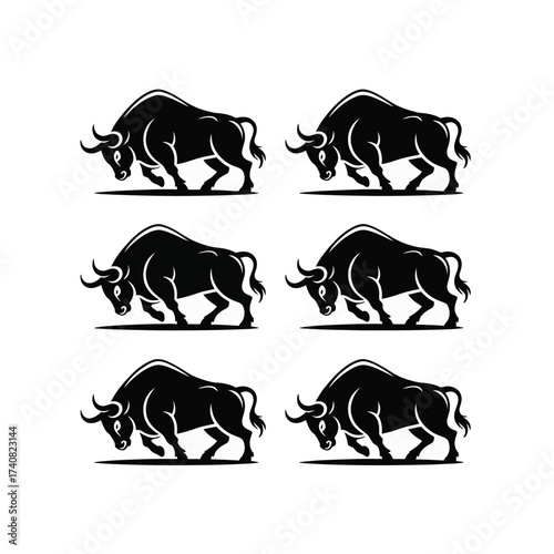 Six silhouette illustrations of charging bulls in a grid layout