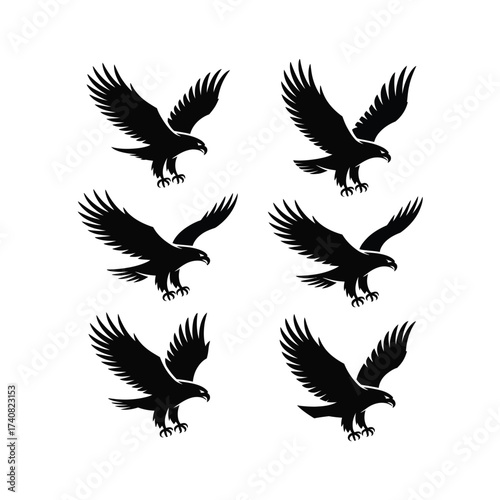 Six silhouetted eagles in flight with wings spread