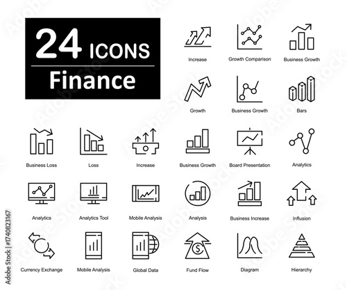 A set of 24 icons as increase, growth comparison, business growth