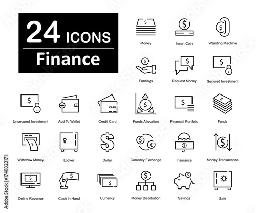 A set of 24 icons as money, insert coin, vending machine
