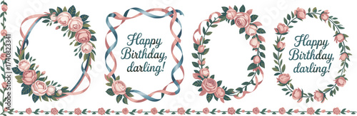 Elegant floral birthday card design with pink roses, decorative wreath, romantic greeting, vintage frame, wedding invitation, botanical border, celebration template
