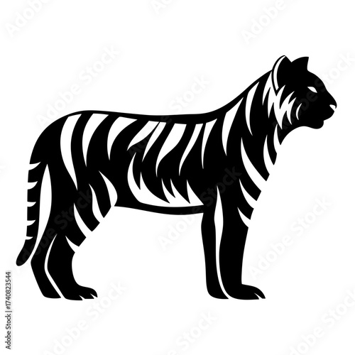 Black and white vector silhouette of a tiger standing gracefully still