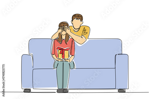Single continuous line drawing a woman sits on a sofa holding a gift box. A husband who loves his wife very much. A gift that the lover really desires. Surprise. One line design vector illustration