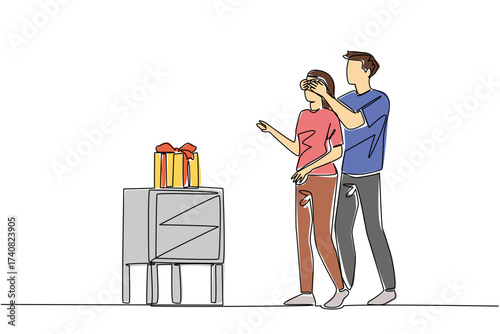 Single one line drawing man stands behind woman covering the eyes of a woman with both of his hands. Leading to happiness. The harmonious couple. Surprise. Continuous line design graphic illustration