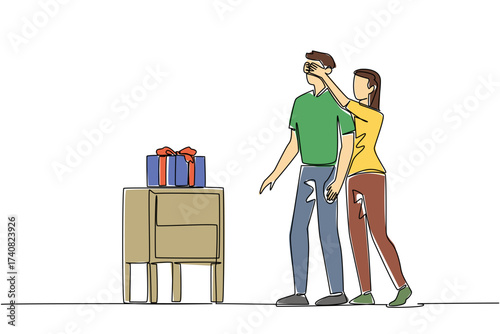 Single continuous line drawing a woman stands behind man covering the eyes of a man with both of hands. Happiness. Joy. Cheerful. Glad. With the beloved. Surprise. One line design vector illustration