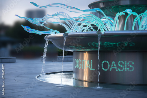 Captivating modern fountain with 'Digital Oasis' illuminated text and flowing water creates a serene, futuristic urban atmosphere perfect for tech innovation or architectural showcases.