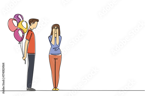 Single one line drawing a man standing while carrying a number of balloons behind his body. Small surprises want to make meaningful. Beloved. Surprise. Continuous line design graphic illustration