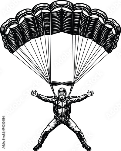 Vintage illustration of a skydiver descending with an open parachute