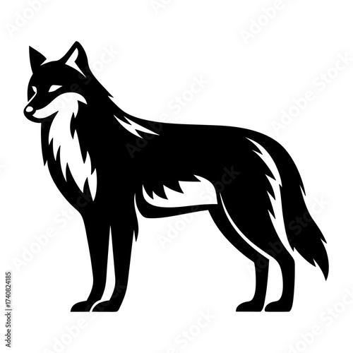 Minimalist black and white illustration of a standing fox in profile view