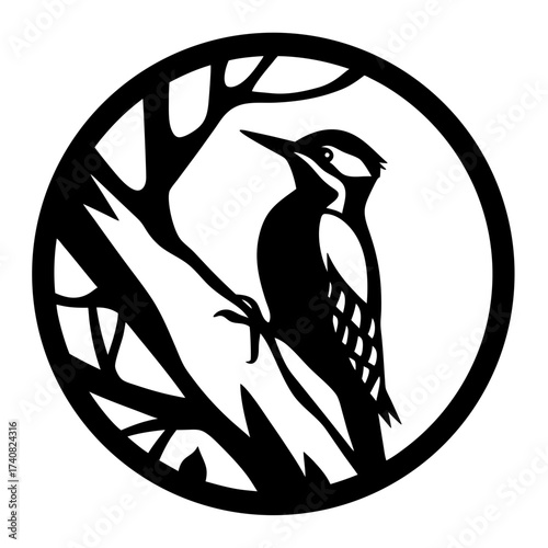 Black and white graphic illustration of a woodpecker on a branch