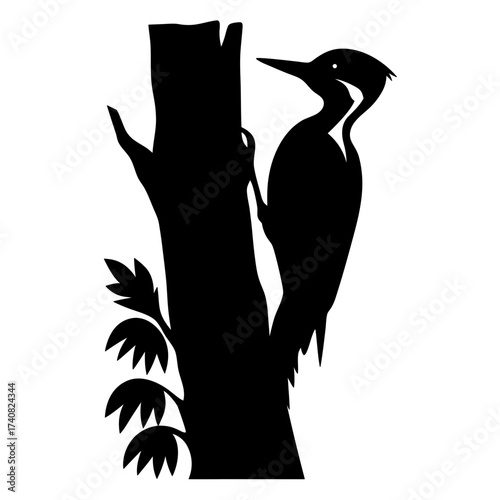 Silhouette of woodpecker clinging to tree trunk with leaves on white background