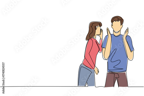 Single continuous line drawing a woman whispers to a man who raises both his hands. A couple of lovers gossiping. Unique communication to get closer. Surprise. One line design vector illustration