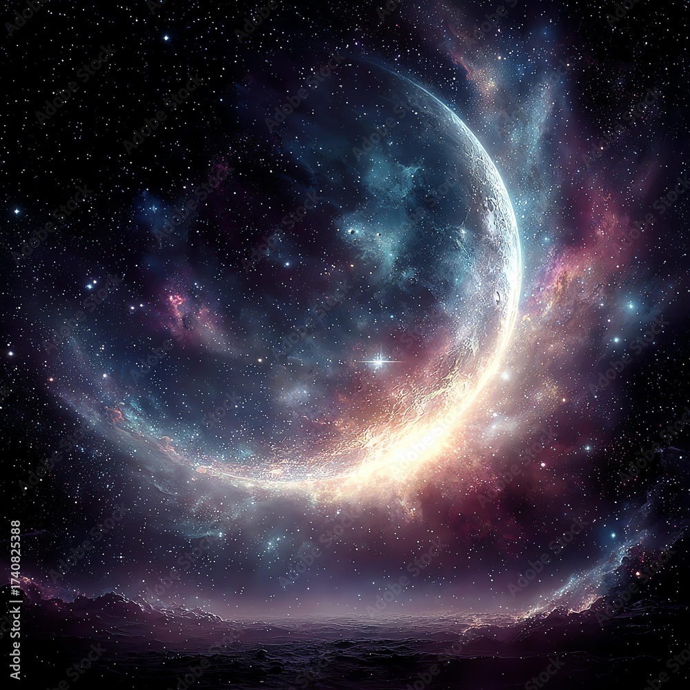 Obraz premium A captivating view of a mystical cosmic scene, featuring a glowing crescent moon and vibrant nebulae amidst a starry sky, creating a sense of wonder and exploration in the universe