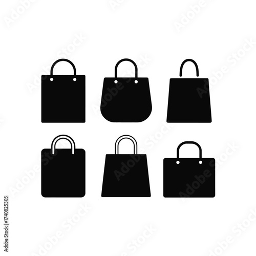 Collection of six black shopping bag icons on white background