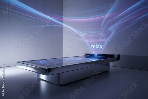 Futuristic relaxation bed with soothing light projections offering a serene escape, perfect for wellness, spa, and high-tech healthcare environments, promoting peace