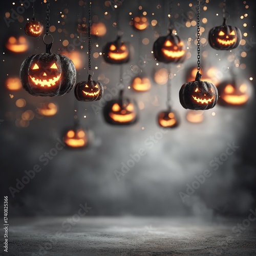 A captivating Halloween scene featuring glowing jack-o'-lanterns suspended in a mystical fog. Perfect for evoking the spirit of the season and celebrating festive traditions.