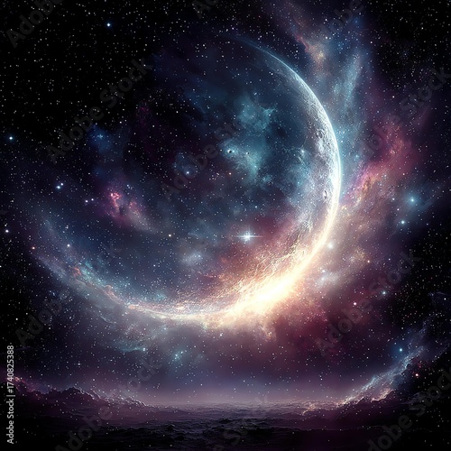 A captivating view of a mystical cosmic scene, featuring a glowing crescent moon and vibrant nebulae amidst a starry sky, creating a sense of wonder and exploration in the universe