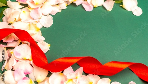 Soft rose petals frame a vibrant green surface with red ribbon