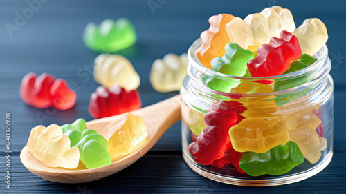 Colorful gummy bear candy sweet treat glass jar wooden spoon translucent chewy texture vibrant snack joyful blue background closeup playful mood