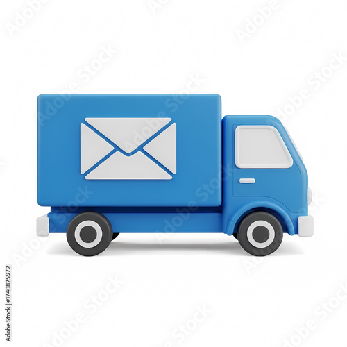 Blue Delivery Truck with Email Icon, 3D Render, Logistics and Shipping Concept