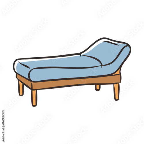 Hand-drawn medical examination table, blue upholstered therapy couch with wooden frame, clinical massage bed vector illustration