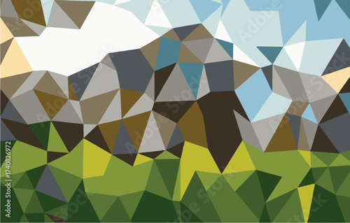 Polygonal Abstract Mountain and Green Hills Landscape