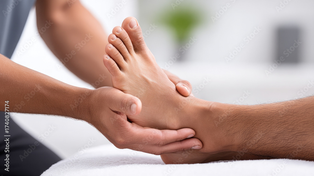 Obraz premium Foot massage relaxation wellness therapy spa hand touch skin care health closeup professional treatment human adult indoor calm soothing stress relief gentle peaceful healing body person manual