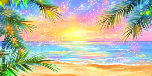 Colorful tropical beach at sunset with palm trees and sparkles, watercolor summer background