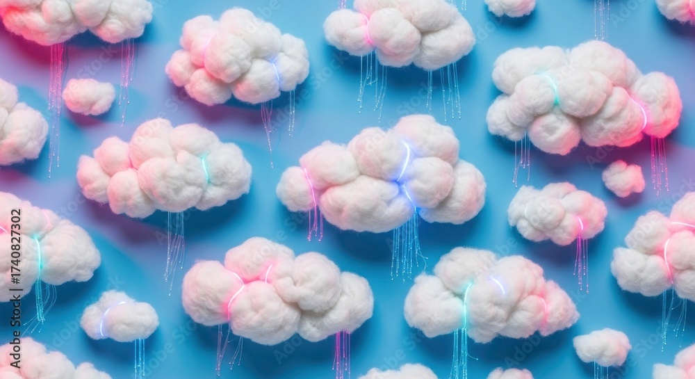 Fototapeta premium Abstract background of fluffy white clouds with vibrant neon lights and glowing fiber optic rain on a blue sky.