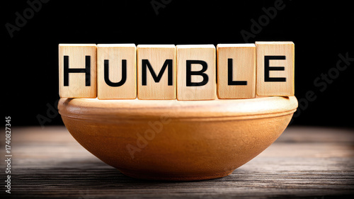 Humble wooden block letter word round wooden bowl, rustic table, dark background, simplicity calm mood, concept of modesty humility daily life