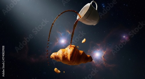 Dreamlike breakfast in space: coffee cascades onto a croissant amidst a starry galaxy with floating crumbs.