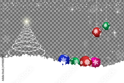 Snowflakes fall around a winter tree and bright ornaments against transparent backdrop