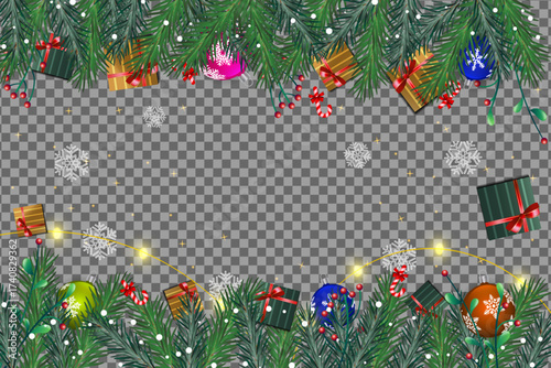 Pine branches decorated with colorful baubles and festive presents form a transparent Christmas themed frame