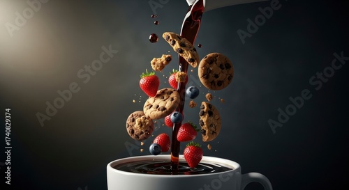 Dynamic pour of coffee into a mug, surrounded by falling chocolate chip cookies, fresh strawberries, and blueberries.