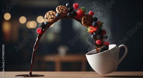 Dynamic pour of hot coffee, chocolate chip cookies, and fresh berries into a steaming white cup against a dark background.