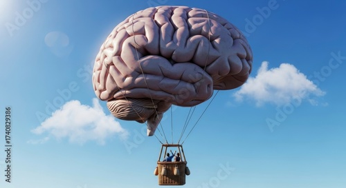 Conceptual image of a brain-shaped hot air balloon carrying people, representing intelligence, creativity, and exploration.
