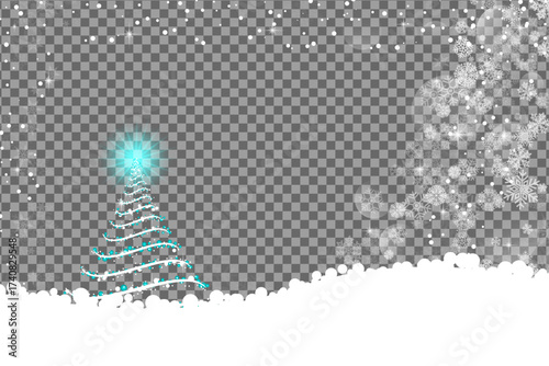 Christmas tree radiates light against a wintry background with falling snow and snowflakes over transparent backdrop